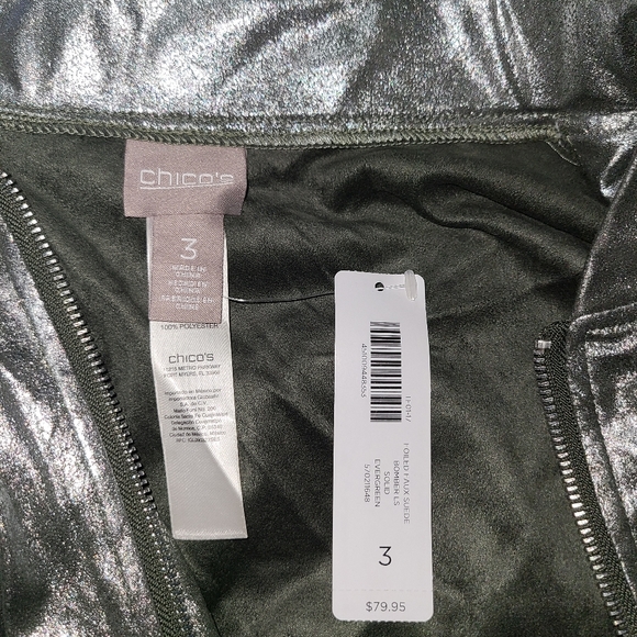 NWT CHICO'S FOILED FAUX SUEDE BOMBER JACKET LONG SLEEVE Size 3 - Picture 2 of 8